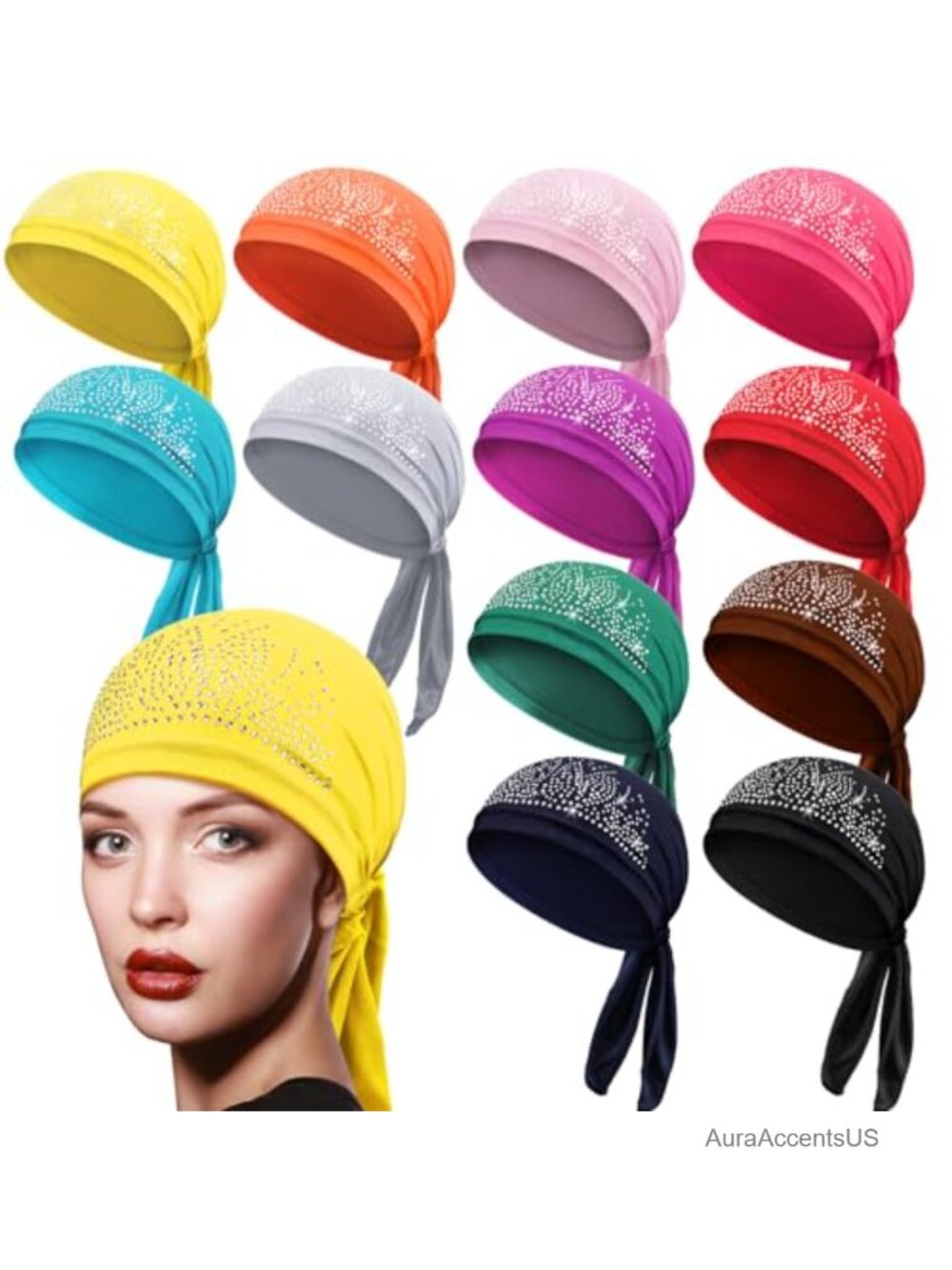 12 Pack Pre-tied Stretchy Head Scarves with Rhinestones